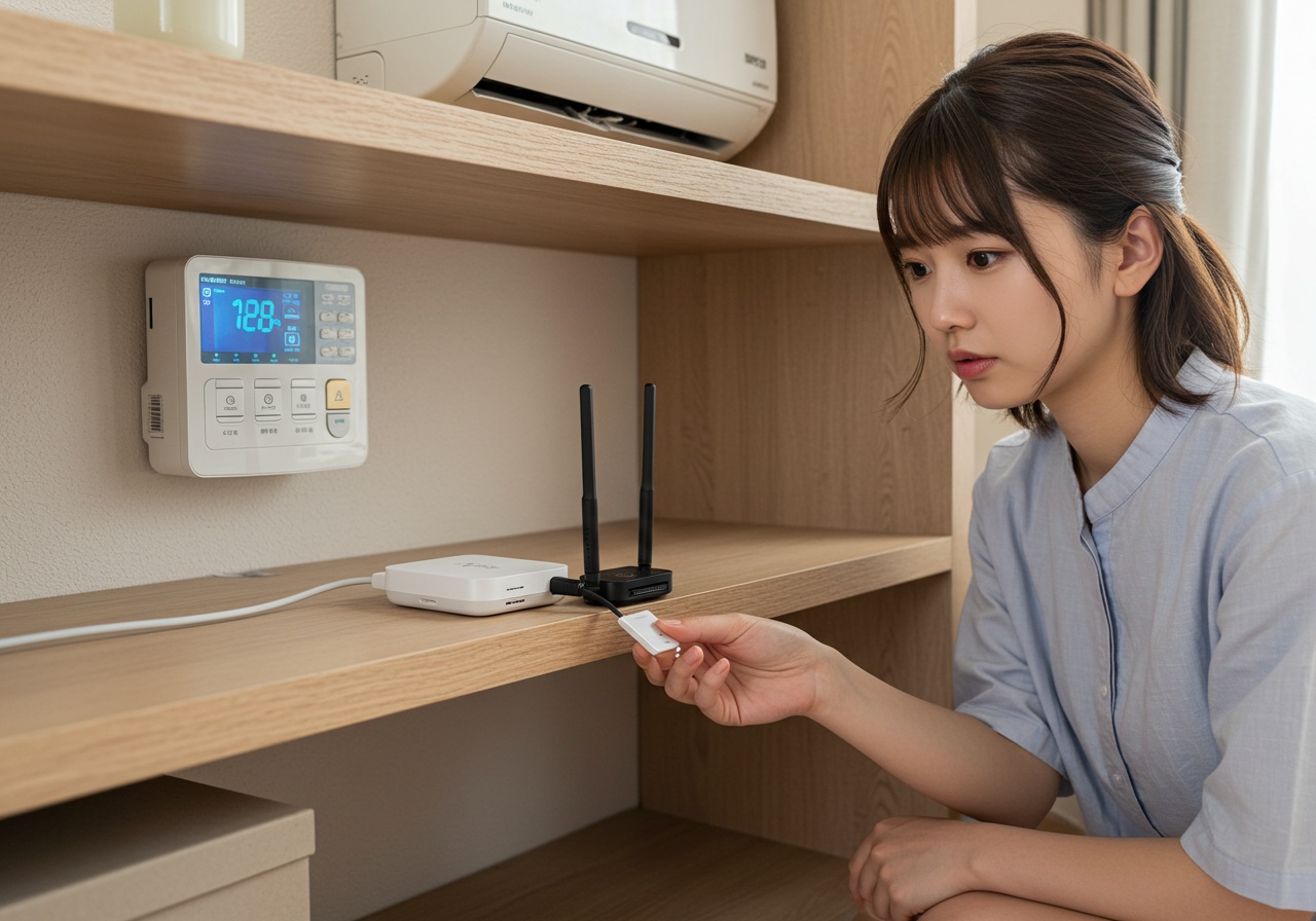 Photo-realistic image of a minimalistic home shelf where a small hub-like device is plugged in next to a Wi-Fi router. A young Japanese woman is crouching down beside it, gently holding the plug as if inspecting it. Her face shows mild concern. Nearby, a modern digital air conditioner controller is mounted on the wall, and a neutral background ensures clarity.