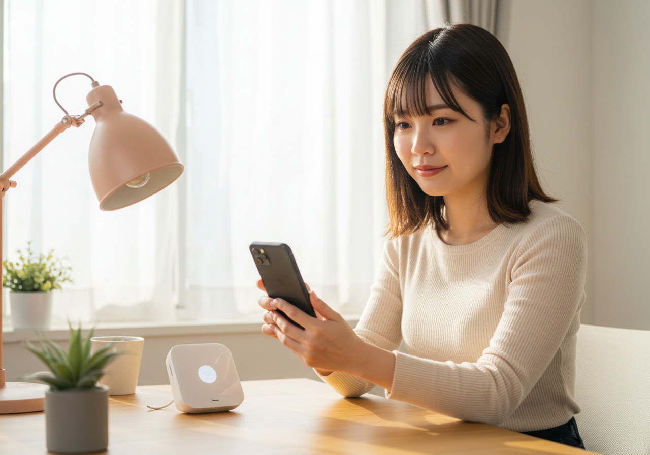 A bright home office scene with a young Japanese woman sitting at a desk, confidently holding her phone while reaching toward a small smart hub device with her other hand. Her expression is calm and determined. A simple UI-like screen is shown on the phone (no actual text). Sunlight streams through a nearby window, and the room is organized and modern.