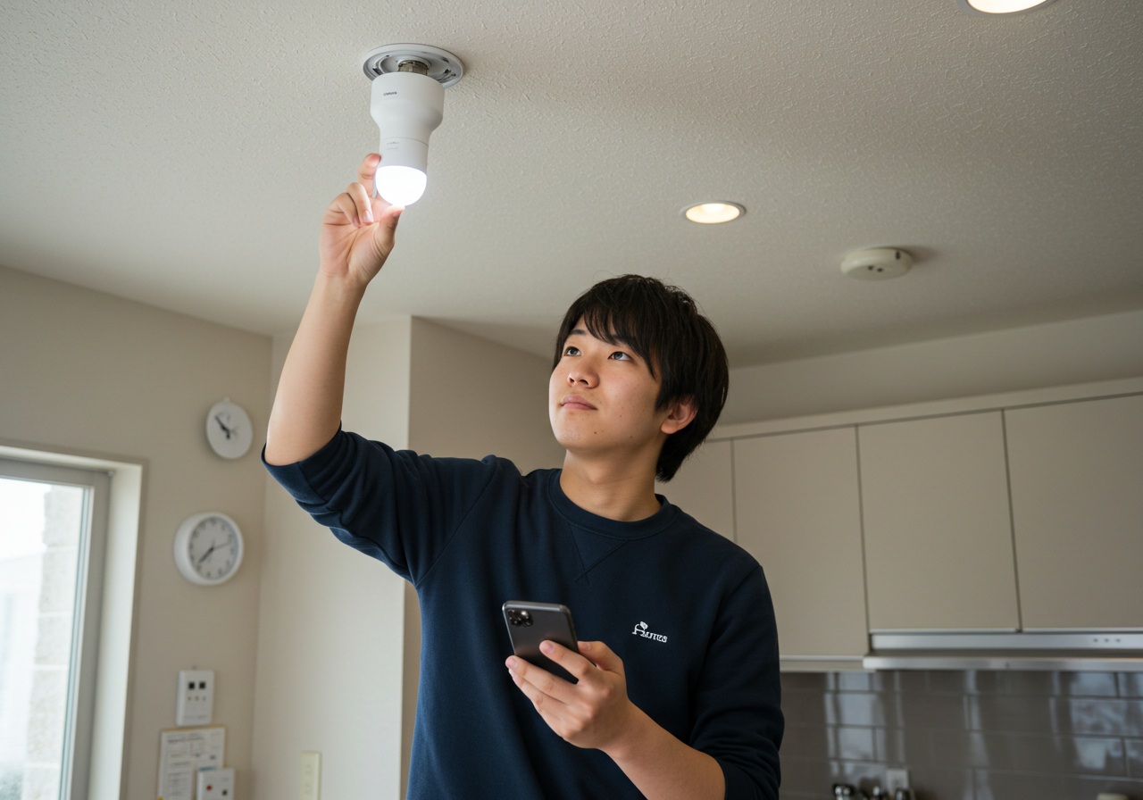 A photo-style image of a smart light bulb socketed into a ceiling fixture, with a young Japanese man on a step stool inspecting it closely. He's using one hand to gently adjust the bulb, and the other hand holds a phone for checking the connection. A kitchen with clean lighting and neutral tones is in the background. No logos or text.
