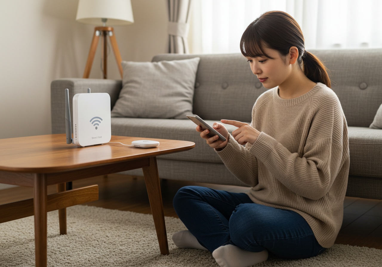 A cozy living room scene where a young Japanese woman is sitting on the floor near a coffee table, looking at her smartphone while pointing toward a Wi-Fi router. Her expression is focused, and she is mid-tap on the screen. Next to her, a small smart hub device is visible, indicating she is reconfiguring settings. The environment is tidy, warm, and naturally lit.