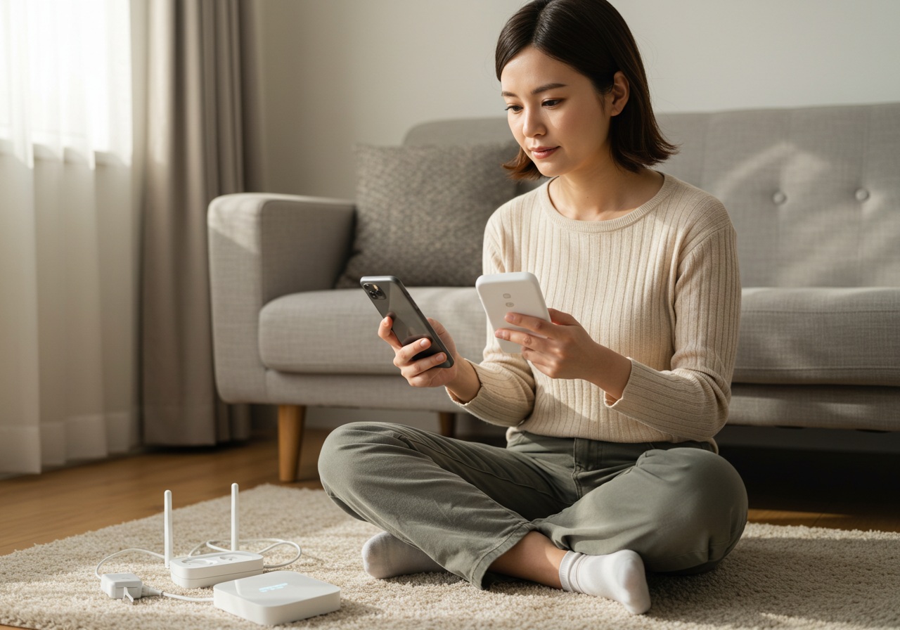 A Japanese woman sits cross-legged on a rug, holding a smart hub device in one hand and reading setup instructions on her phone. Her expression is slightly serious, as she checks the settings. Nearby is a wireless router and power strip. The background is a tidy living room with neutral tones. Afternoon sunlight fills the room softly. No visible text or logos.