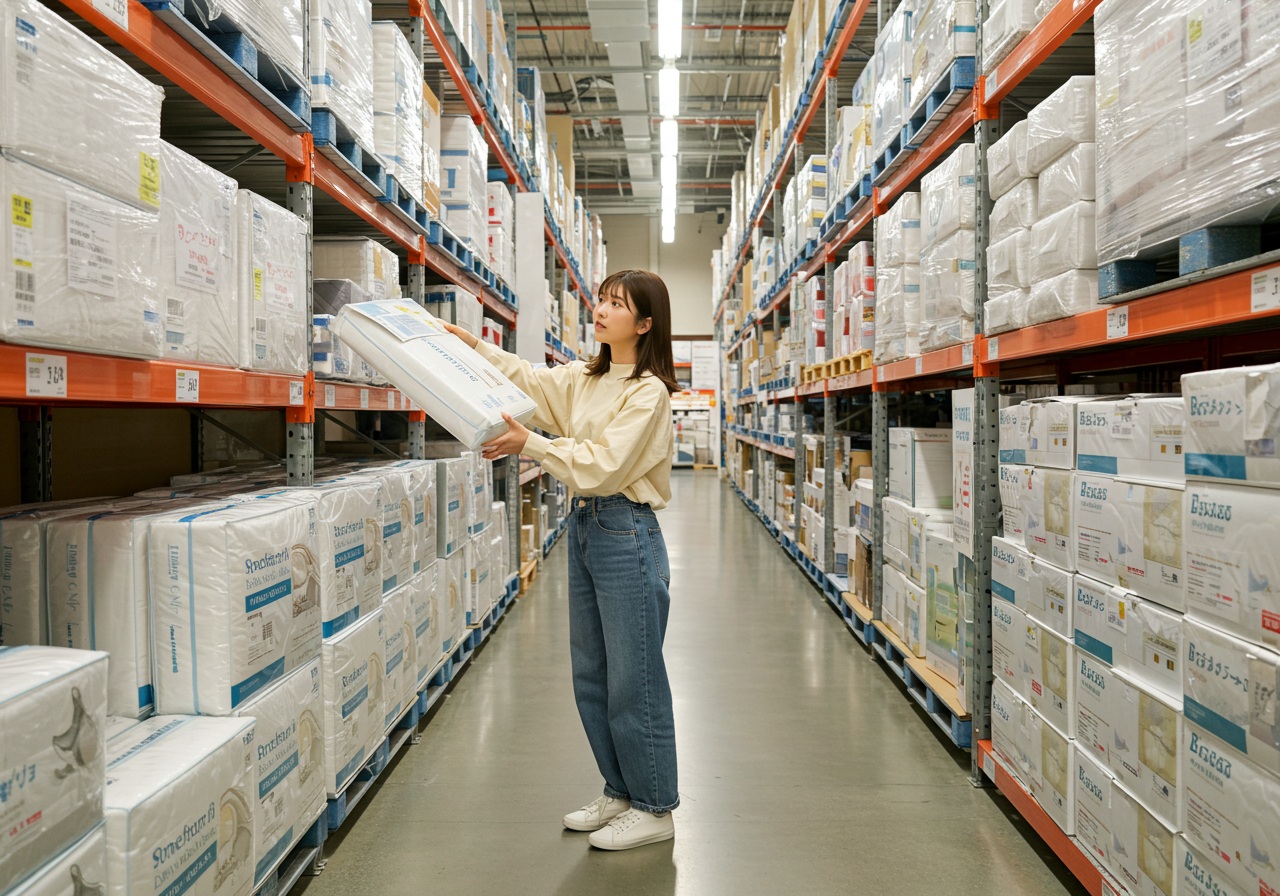 A bright, realistic photo-style image of a young Japanese woman standing in front of a well-lit shelf in a bedding section of a large Japanese wholesale store. She is reaching out to pick up a box that resembles a premium pillow, with a curious and thoughtful expression. She wears simple but stylish everyday clothes, and the background shows stacked bedding items on industrial shelves. The focus is on her interaction with the product.