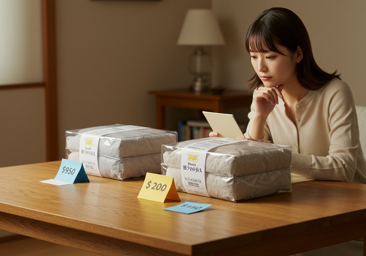 A realistic photo-style image of a price comparison scene. A clean wooden table with two boxed pillows side-by-side, each with small, price-style paper tags placed in front. The background is softly blurred, suggesting a cozy home environment. A modern Japanese woman is sitting nearby with a notepad in hand, thoughtfully reviewing the price options. She looks focused, with her brows slightly furrowed in a decision-making moment.