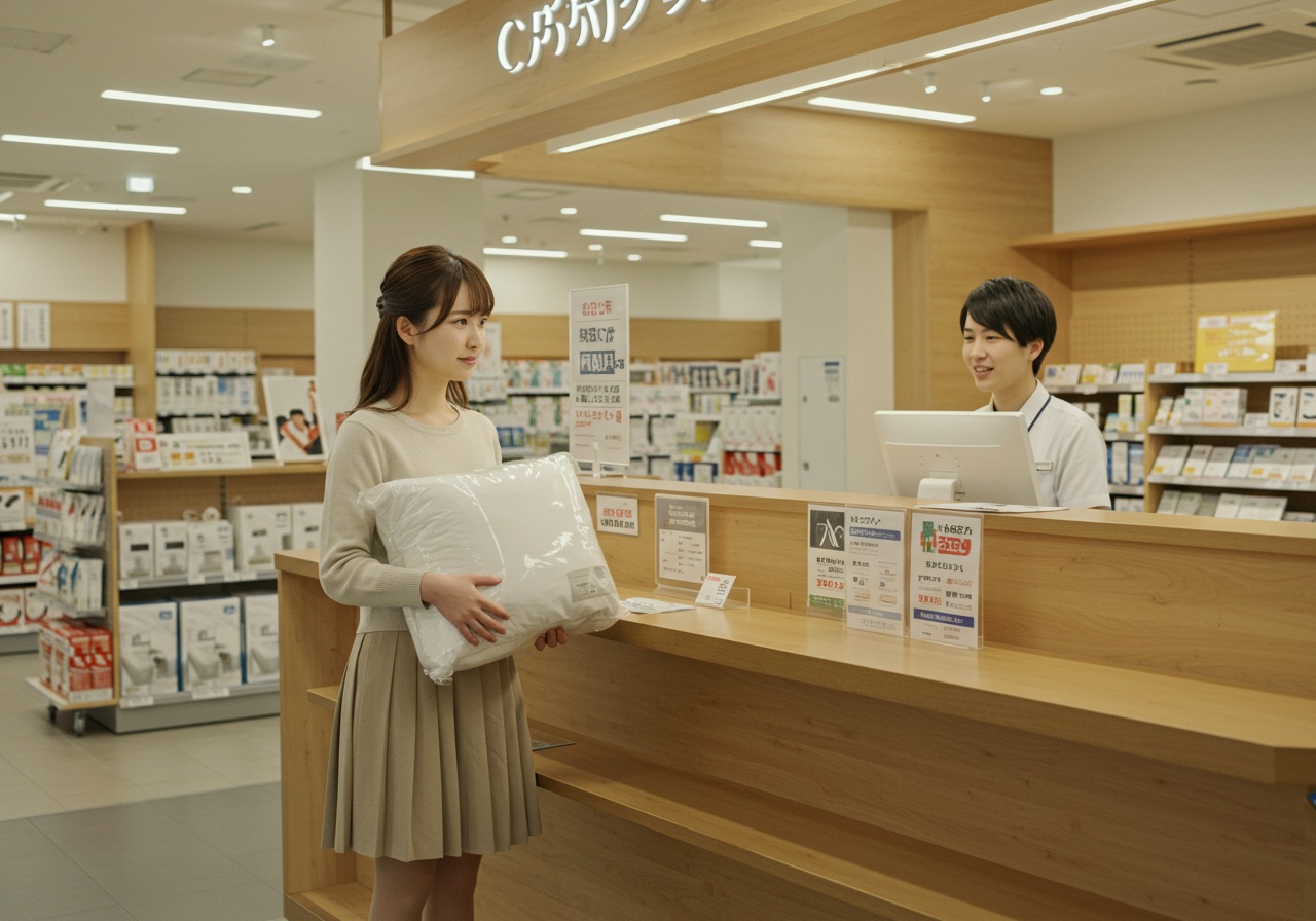 A realistic photo-style image of a clean and modern customer service counter inside a large retail-style store in Japan. A young Japanese woman with soft features and neatly styled hair is standing in front of the counter, gently holding a generic, unbranded boxed pillow in both hands. She is calmly speaking to a friendly staff member behind the counter, who appears attentive and professional. The woman’s expression is polite with a slight look of concern, as if asking about a return. The atmosphere is quiet and respectful, with warm ambient lighting and organized surroundings. Avoid any visible brand names, logos, or signage in the scene.