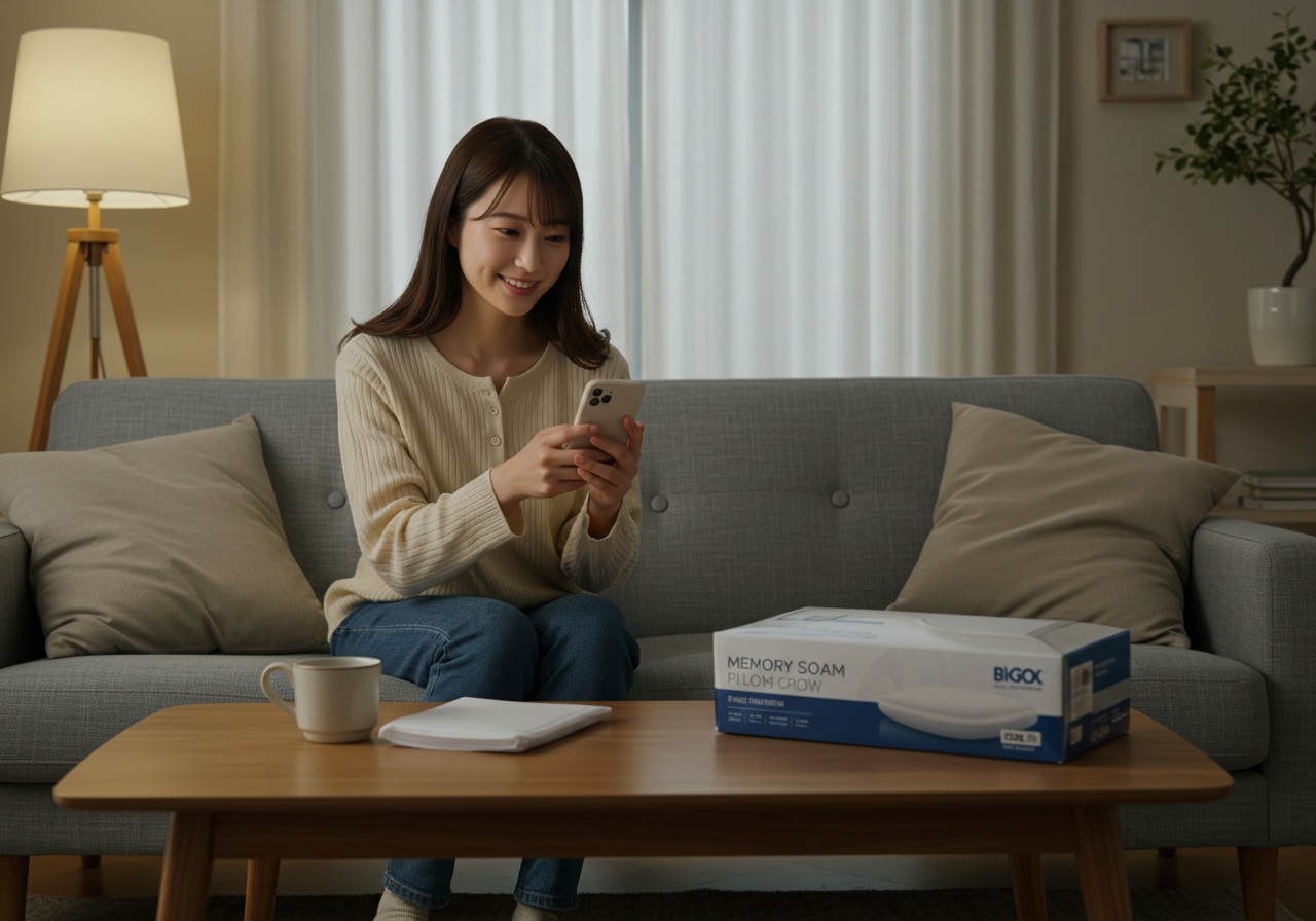 A realistic image of a young Japanese woman sitting on a sofa in a cozy living room, holding her smartphone and reading reviews with an intrigued smile. On the coffee table is a memory foam pillow box. Her relaxed posture and soft lighting give the impression of a quiet evening spent researching. The environment is neat, homey, and lived-in.