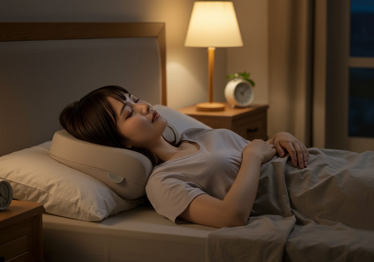 A realistic photo-style image of a modern Japanese bedroom at night. A young and cute Japanese woman is peacefully sleeping on her back with a contoured ergonomic pillow under her neck. Her facial expression is relaxed and calm, suggesting deep and comfortable sleep. The room is softly lit with warm tones, featuring a tidy bed, neutral bedding, and no visible logos or text. The pillow design should reflect a modern, curved shape that supports the neck naturally.
