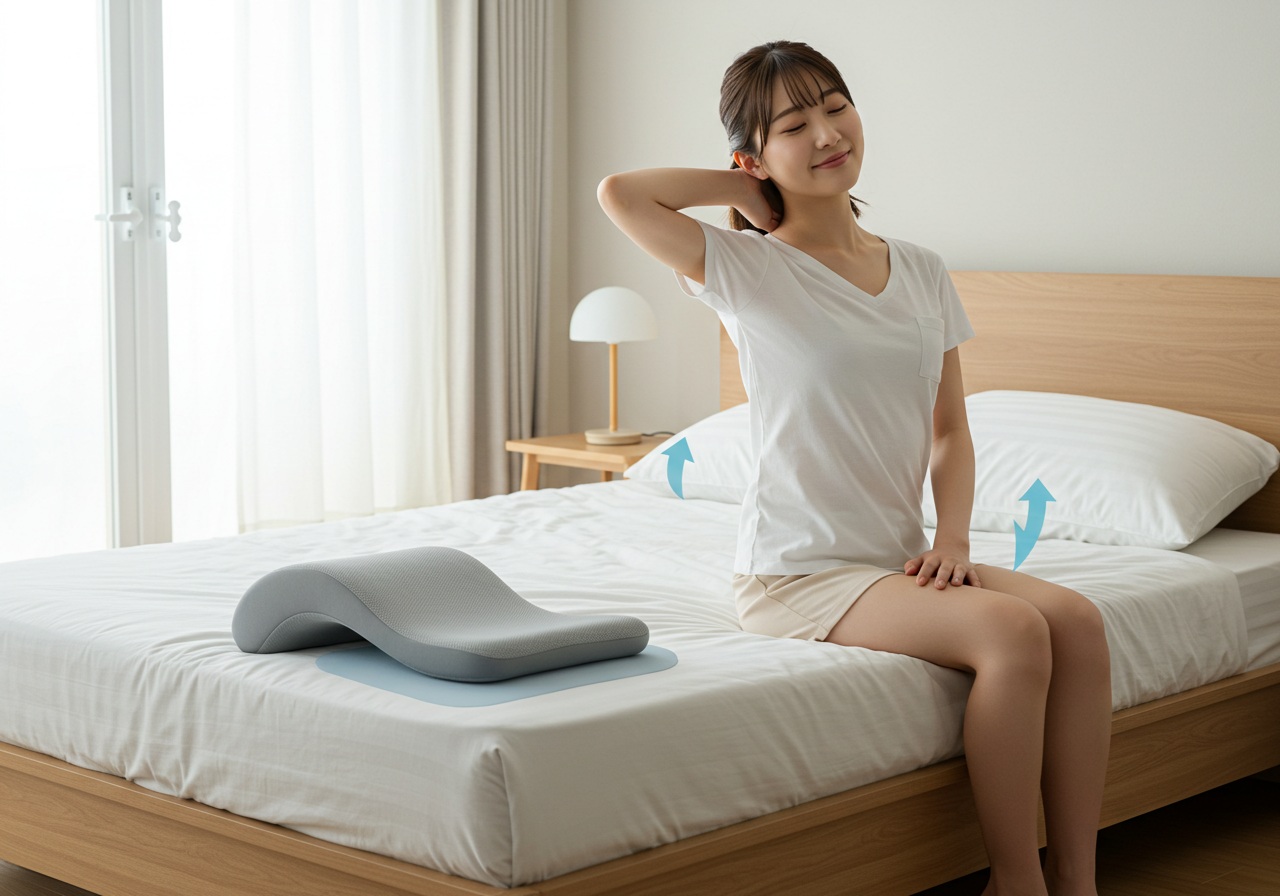 A realistic photo-style image of a young Japanese woman sitting on the edge of a neatly made bed during daytime, gently stretching her neck with a relaxed smile. Beside her is a curved, ergonomic pillow placed neatly on the bed, showing its design. Her posture appears improved and upright, with subtle signs of relief in her body language. The background shows a clean, modern bedroom interior with natural light coming through a window.