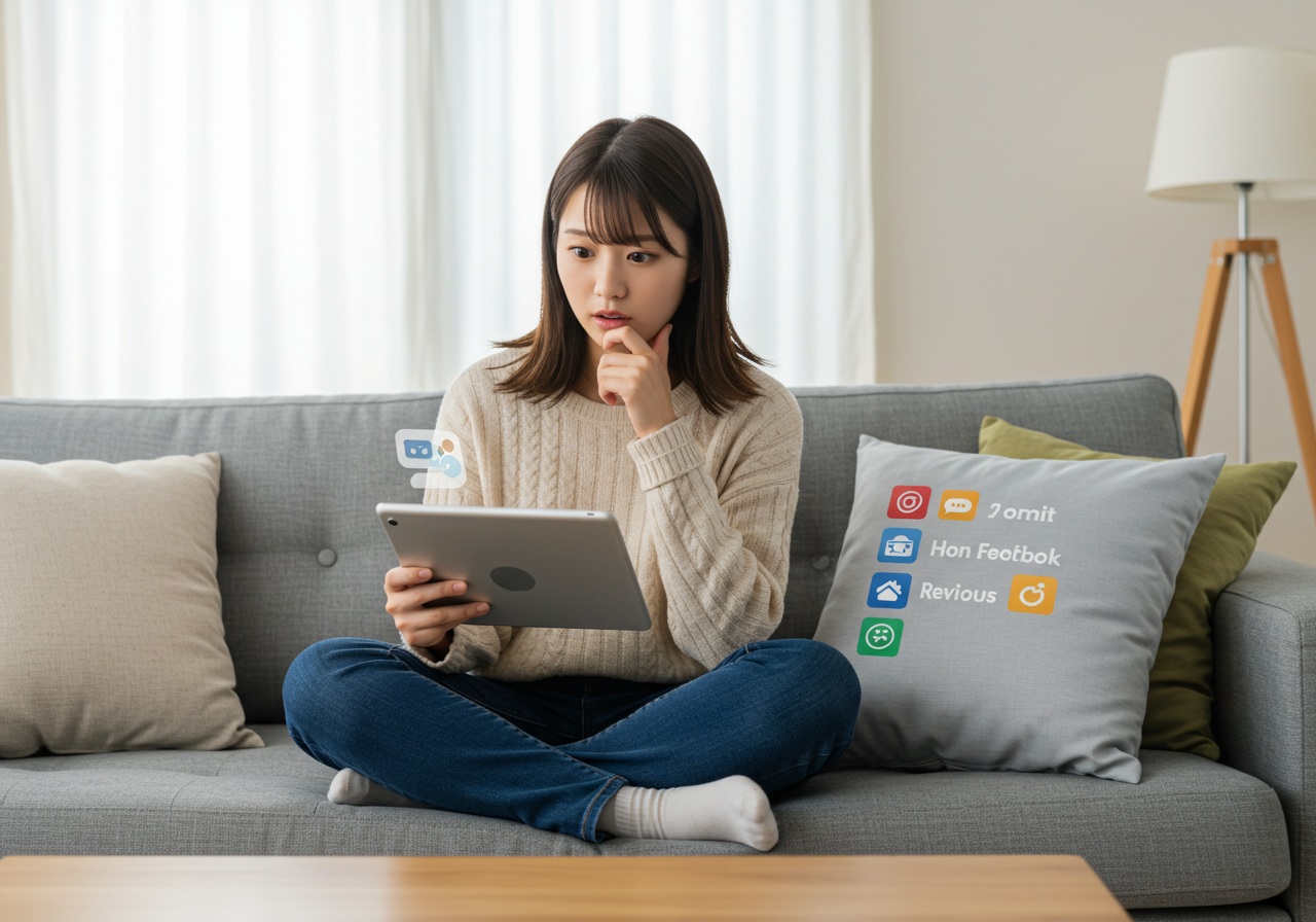 A realistic photo-style image of a young Japanese woman sitting cross-legged on a sofa with a digital tablet in hand, reviewing product feedback online. She appears thoughtful and engaged, with the pillow beside her on a coffee table. The room is bright, cozy, and modern. The focus is on her reaction and the presence of the pillow, suggesting she's exploring honest reviews. No text or branding should appear in the image.