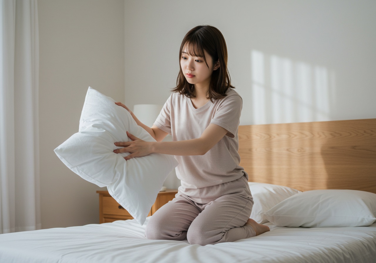 A realistic photo-style image of a cute young Japanese woman adjusting her pillow with a slightly concerned or unsure expression. She is kneeling on her bed in comfortable loungewear, testing the pillow's shape or height with both hands. The bedroom is softly lit with a clean, minimal design. The scene communicates that she is considering pros and cons before sleep.