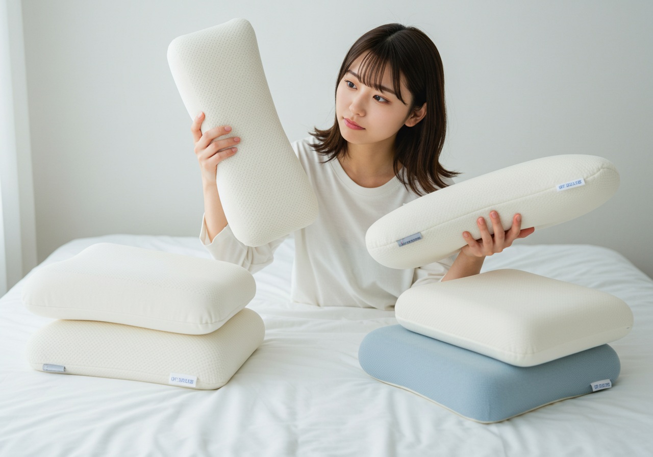 A realistic photo-style image showing a young Japanese woman comparing multiple ergonomic pillows on a clean white bed. She is tilting her head thoughtfully, holding one pillow while two others are laid out beside her for comparison. The scene is brightly lit, showing details of different pillow shapes and textures without any text or logos. Her expression suggests she's carefully evaluating which option is best.