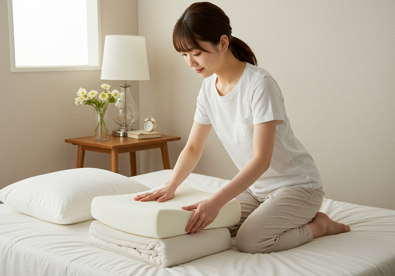 A realistic photo-style image of a young Japanese woman demonstrating how to adjust a contoured pillow using a small rolled towel underneath it for added height. She is kneeling on her bed with a focused expression, carefully positioning the pillow. The room is clean, with neutral colors and soft lighting. The image should suggest a personalized and practical approach to pillow usage.