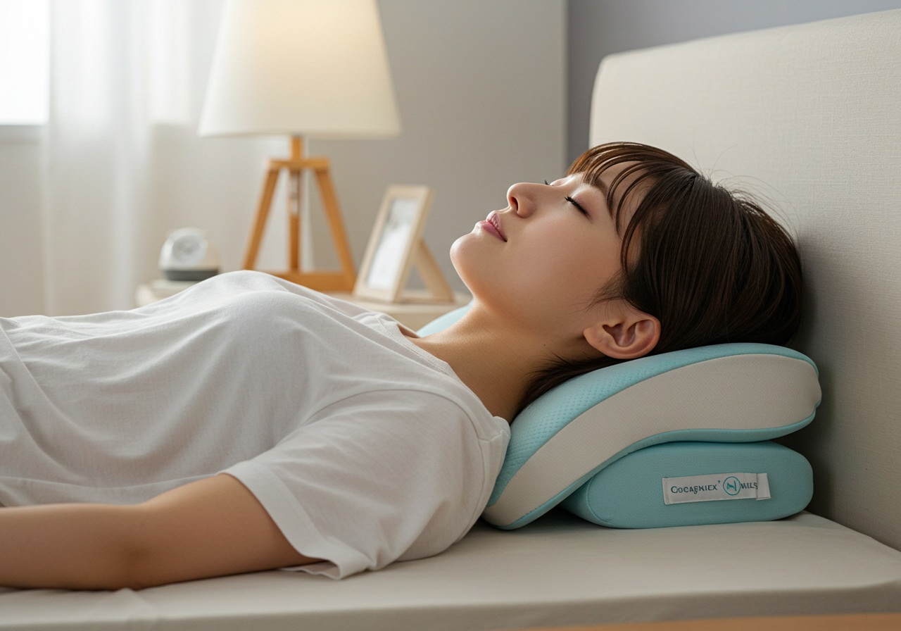 A realistic photo-style image of a young Japanese woman lying on her back on a bed, her head and neck perfectly aligned with a supportive orthopedic pillow. She looks relaxed and peaceful, eyes closed, in a softly illuminated bedroom. The pillow should be visibly shaped to support the neck curve. The background shows a tidy, serene sleeping environment without any logos or text.