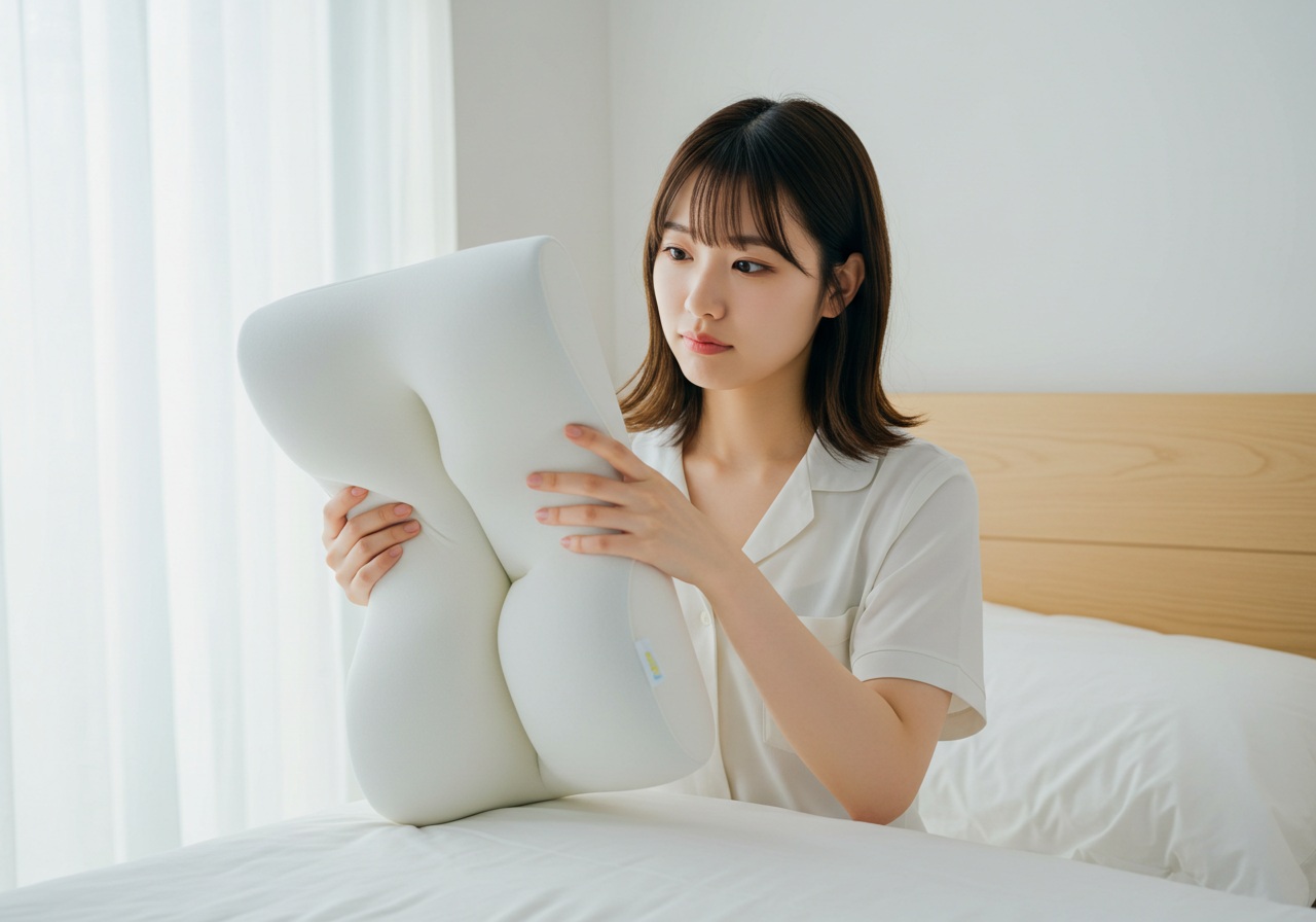 A realistic photo-style image of a young Japanese woman examining an ergonomic pillow with a slightly puzzled or skeptical expression. She is in a bright, neutral-toned bedroom, holding the pillow in both hands while sitting on the bed. The pose suggests contemplation or doubt, and the atmosphere remains clean and product-focused, without branding.