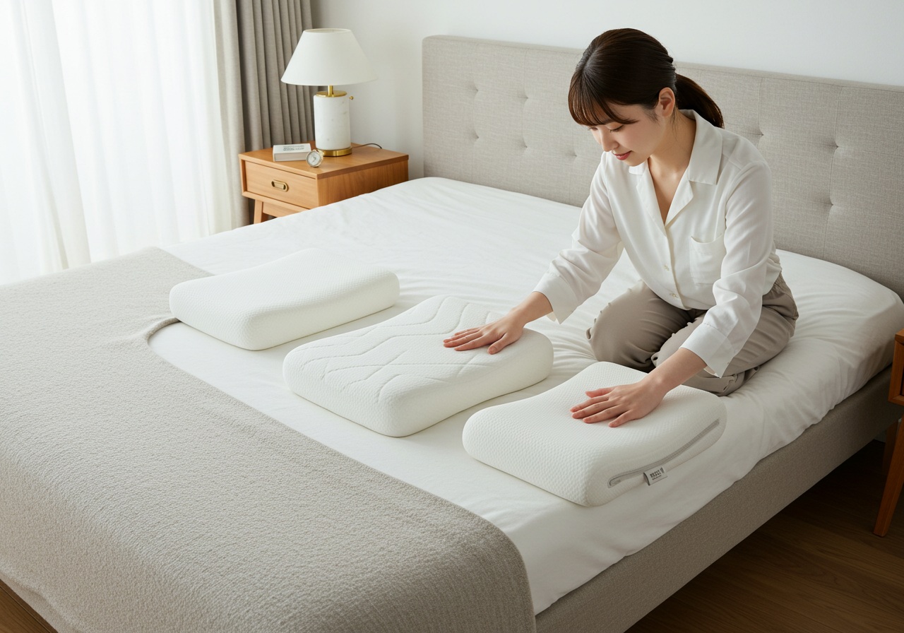 A realistic photo-style image of a modern bedroom with three different ergonomic pillows neatly laid out on a bed. A young Japanese woman is kneeling beside the bed, gently pressing on each pillow with her hands, comparing their firmness. Her expression is analytical and focused. The room has soft natural light and a neutral, uncluttered design.