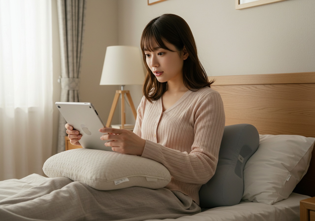 A realistic photo-style image of a young Japanese woman at home, browsing product reviews on a tablet while sitting on a bed. An ergonomic pillow is placed beside her. She looks engaged and slightly surprised, as if reading a mix of reviews. The room is tidy, with soft light and a warm, cozy atmosphere. No visible text or brand elements are present.