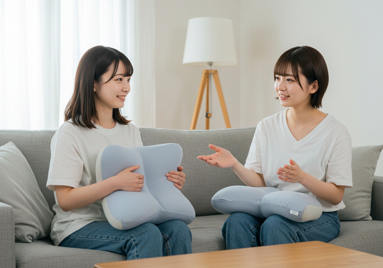 A realistic photo-style image of a young Japanese woman chatting with a friend in a bright living room, both sitting on a sofa. One of them is holding an ergonomic pillow while the other listens attentively. Their expressions are friendly and engaged, conveying a personal conversation or recommendation. The background remains neutral and natural.