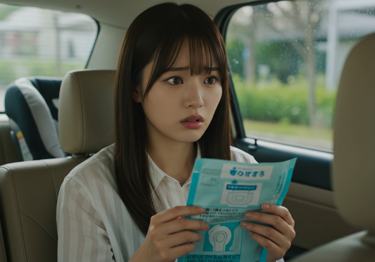 A realistic photo-style image showing a close-up view of a young Japanese woman in her car looking concerned while holding an unused portable toilet pouch in her hands. The background shows the inside of a parked car with a baby seat in the back. She appears puzzled, examining the instructions. Natural daylight filters through the car windows, giving a soft and realistic tone.