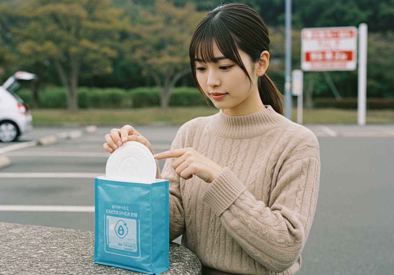 A realistic photo-style image showing a close-up view of a young Japanese woman in her car looking concerned while holding an unused portable toilet pouch in her hands. The background shows the inside of a parked car with a baby seat in the back. She appears puzzled, examining the instructions. Natural daylight filters through the car windows, giving a soft and realistic tone.