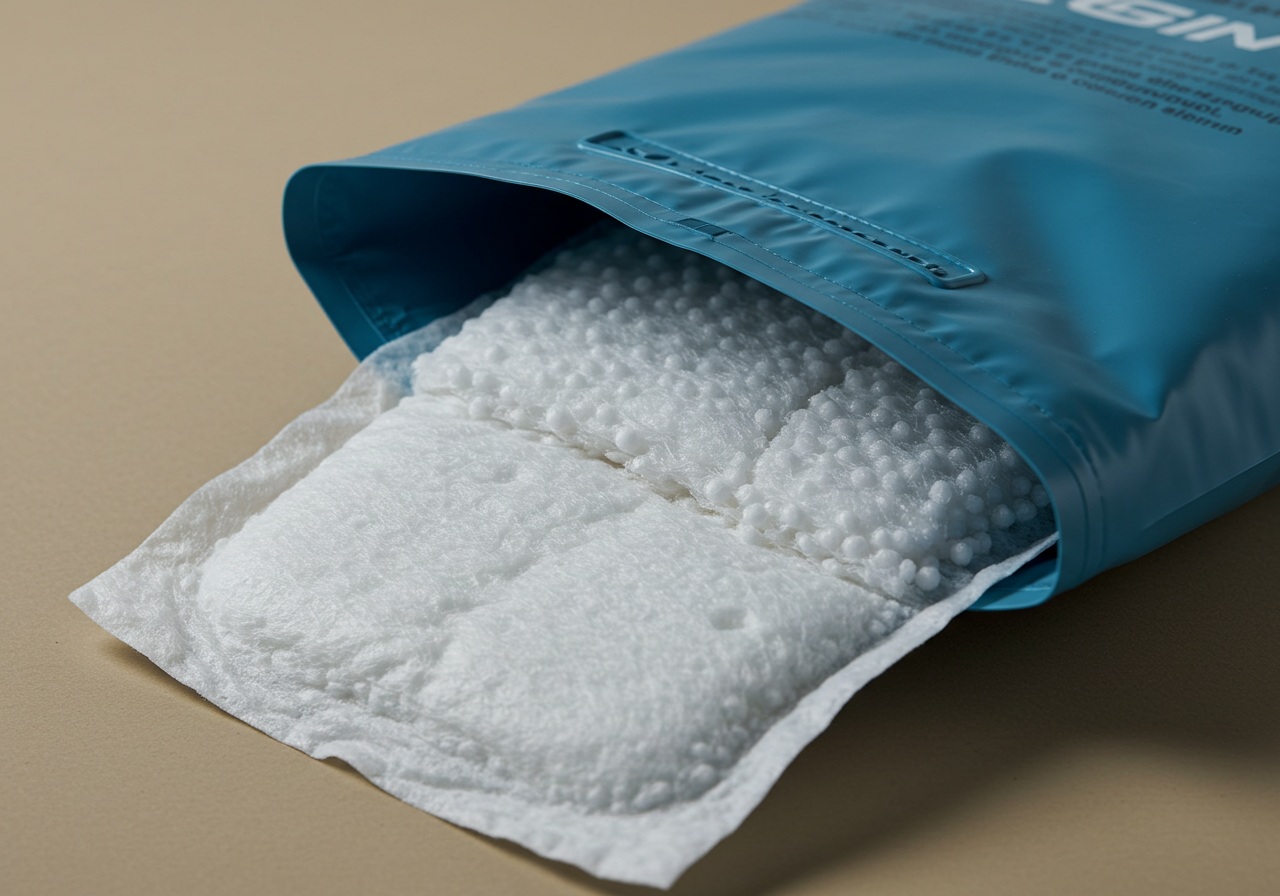 A close-up photo-style image of an opened portable toilet pouch on a neutral surface, showing a visible layer of white absorbent polymer beads. The lighting is clean and studio-like, focusing on texture and clarity of the material. No human figures or brand names are shown, just the product contents and its components.