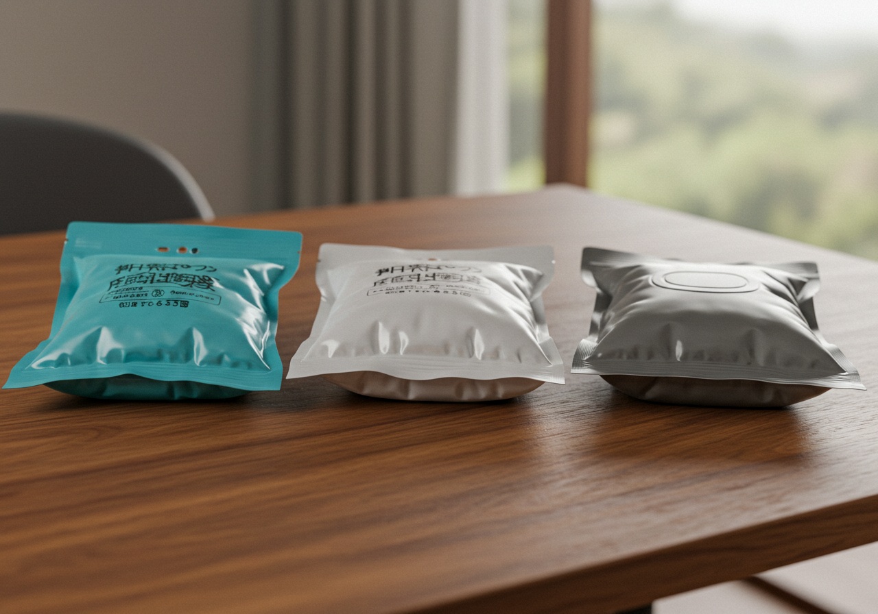 A photo-style image showing three different types of portable toilet pouches arranged side by side on a wooden table. Each is sealed, clearly showing different shapes and materials. The background is softly blurred, and lighting is even, highlighting the visual differences without any brand labels.