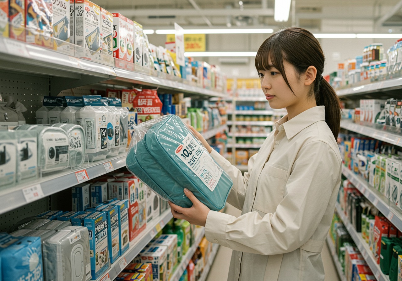 A realistic photo-style image of a young Japanese woman browsing a store aisle labeled with generic “emergency goods.” She is holding a large-sized portable toilet pack and looking at it with interest. The shelf has various camping and emergency items, but no text or brand logos are visible.