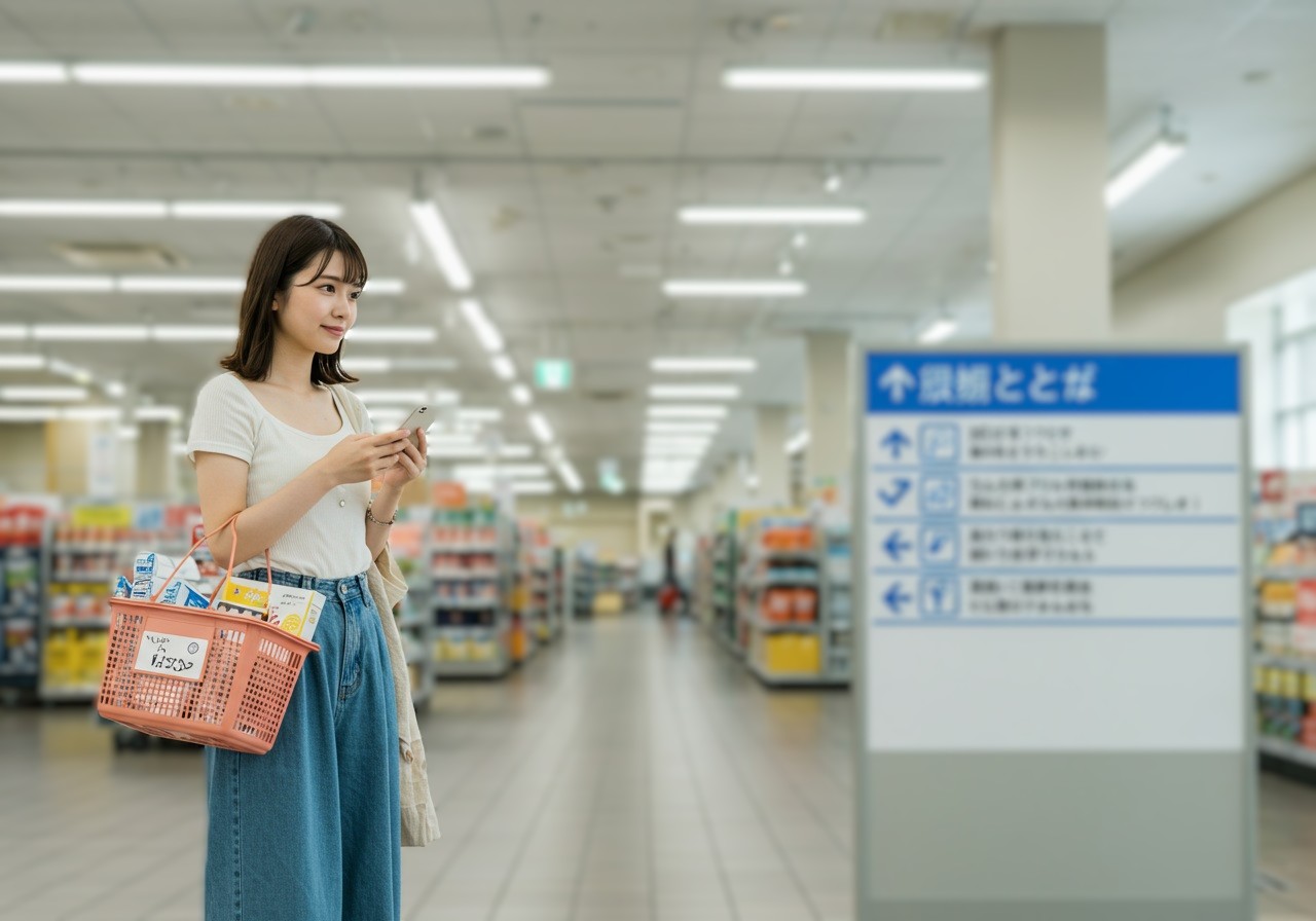 A realistic photo-style image of a young Japanese woman checking her smartphone in front of a store directory sign, standing near the entrance of a multi-category retail store. She looks slightly puzzled but curious, holding a shopping basket. The background includes signage indicating various departments, but no brand names are visible.