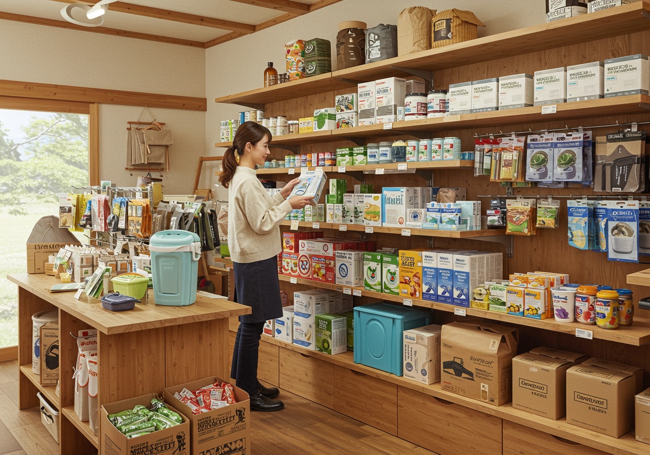A realistic photo-style image of a countryside-style home improvement store in Japan with a small but organized emergency goods shelf. A casually dressed Japanese woman is selecting a portable toilet package from the shelf. The surrounding includes wooden shelves, camping goods, and a calm retail environment without any visible text.
