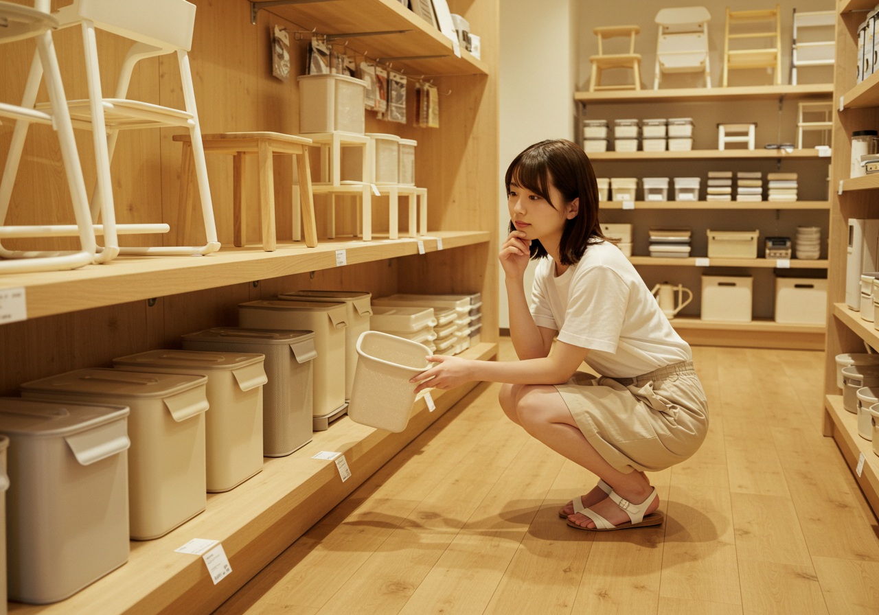 A realistic photo-style image of a clean, modern retail interior with home storage and furniture around. A young Japanese woman is looking at a compact portable toilet on a low shelf near storage bins. Her expression shows interest and consideration. The lighting is soft and indoor, with no brand or product names visible.