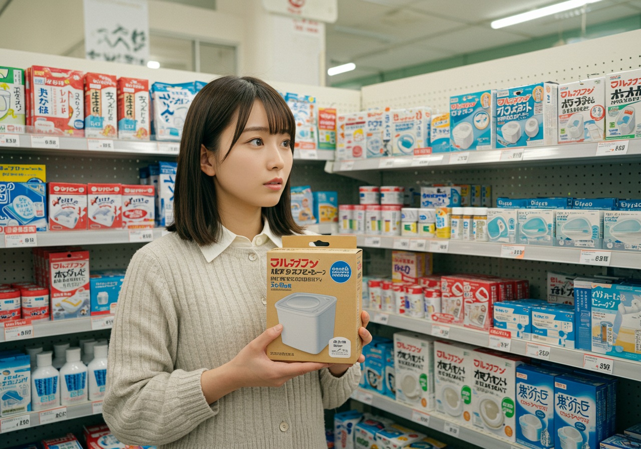 A realistic photo-style image of a small emergency supply corner inside a Japanese 100-yen shop. A young Japanese woman is holding a small boxed emergency toilet with a curious look on her face. The shelf around her displays various simple disaster goods. The atmosphere is casual and accessible, with no visible text or logos.