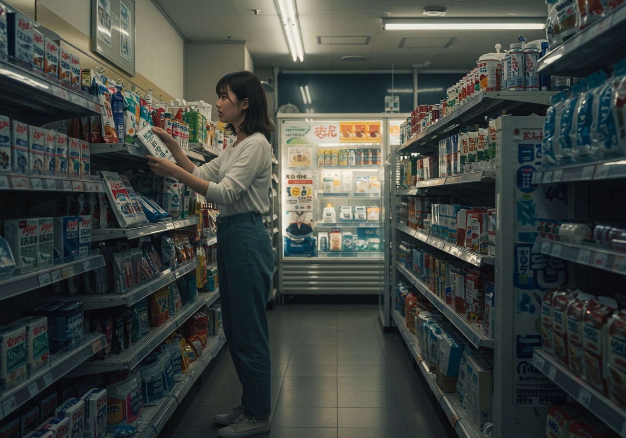 A realistic photo-style image of the interior of a Japanese convenience store at night. A young Japanese woman in casual clothes is checking a shelf near the register where emergency items are displayed. Her expression shows relief as she finds a small portable toilet pack. The lighting is soft, with no visible brand names or signage.