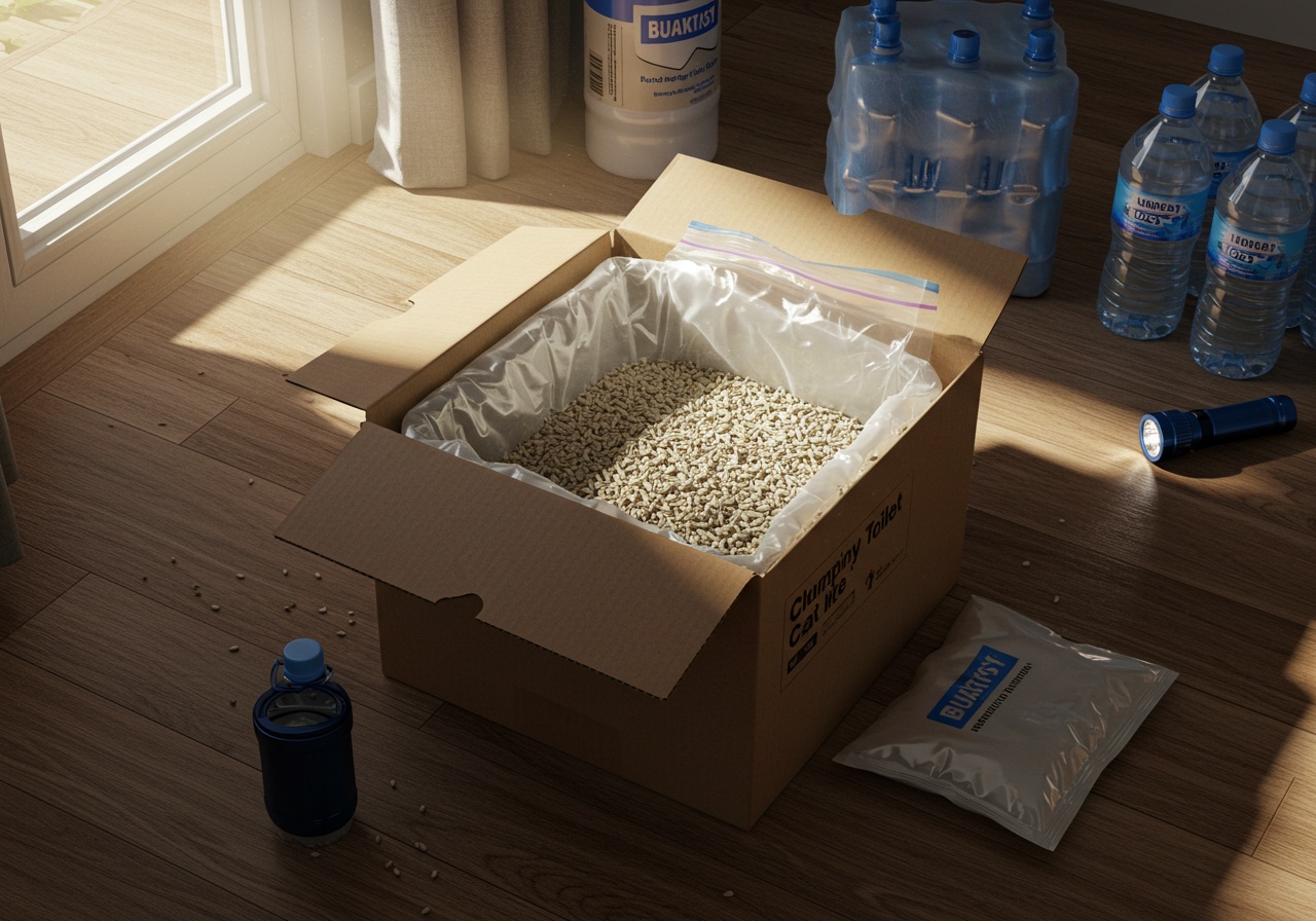 A high-resolution, realistic photo-style image of a basic emergency toilet setup in a home setting. A cardboard box lined with a plastic bag is filled with clumping cat litter. Nearby, emergency supplies like bottled water and flashlights are visible. The lighting is natural, with no text or branding.