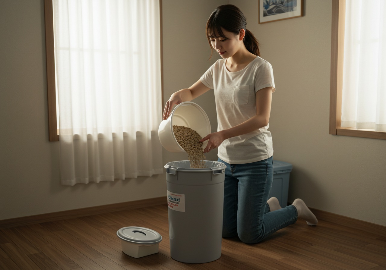 A realistic image showing a young Japanese woman in casual clothes gently pouring clumping cat litter into a lined portable toilet container. She appears calm and focused. The room is clean and minimalistic, with soft daylight entering from the side.