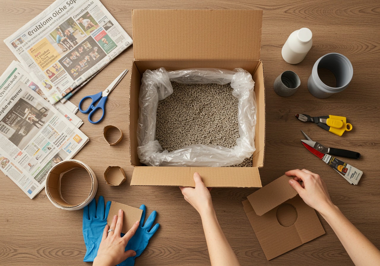 A realistic image of a DIY toilet being assembled. A cardboard box lined with a double-layer plastic bag is being filled with cat litter. Tools and materials like newspaper, gloves, and scissors are neatly arranged around. No people are visible, just the hands placing items.