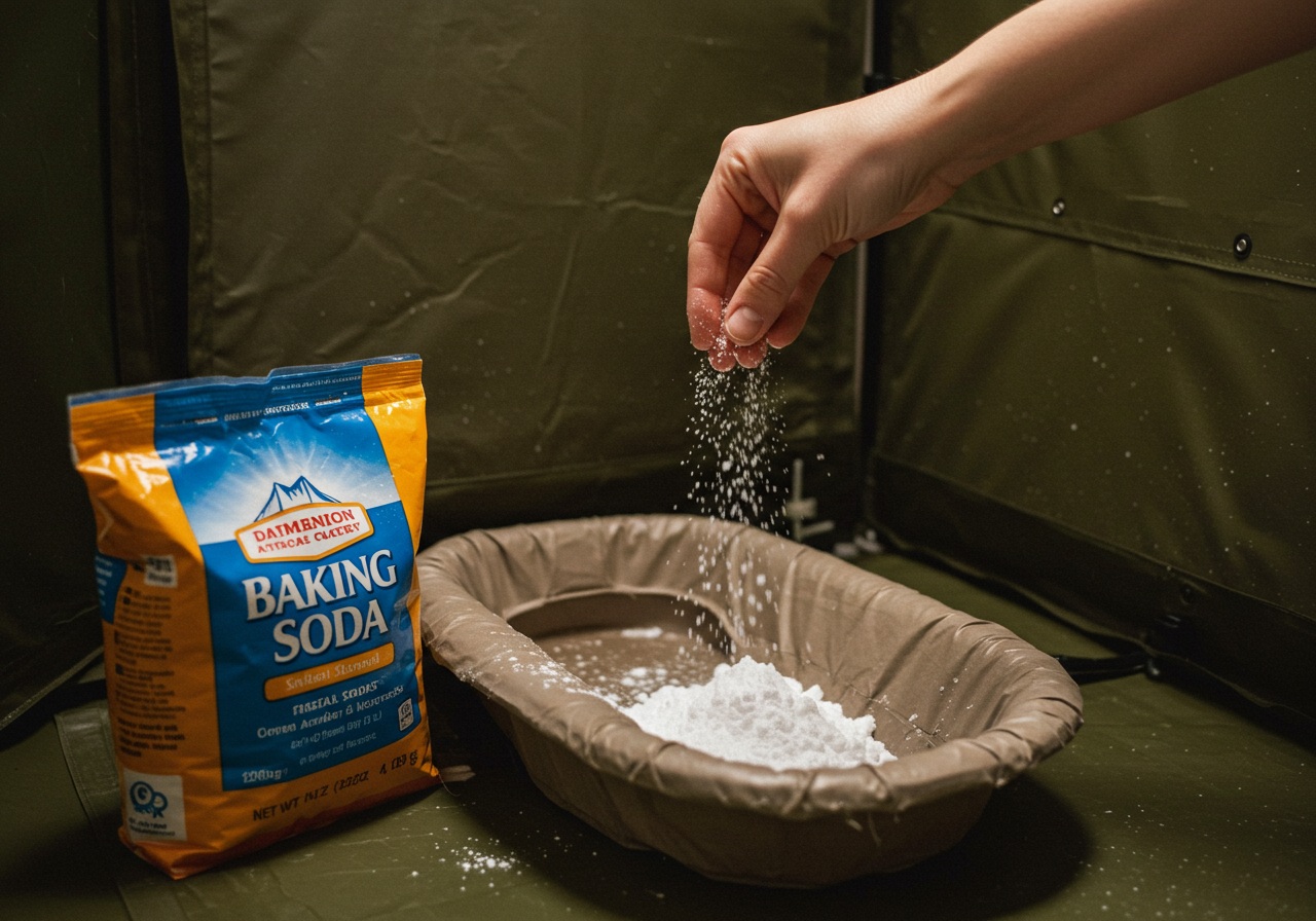 A close-up photo-style image showing a hand sprinkling baking soda over a lined toilet setup. A bag of baking soda is nearby, without any visible brand name. The environment is tidy and indoor-lit, giving a sense of emergency preparedness.