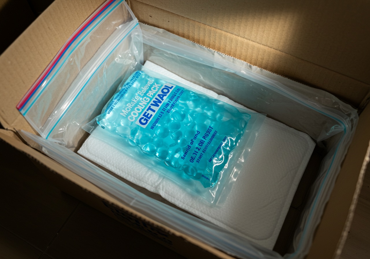 A realistic image of an open plastic bag in a cardboard box toilet setup, with a cooling gel pack and absorbent pad placed inside. The gel pack is unbranded and semi-transparent. The lighting is bright and practical, evoking a home emergency setting.