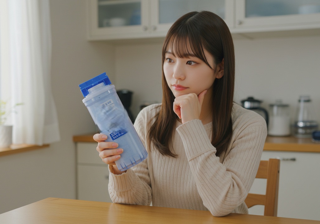 A realistic photo-style image of a young Japanese woman sitting at a kitchen table, holding two water filter cartridges side by side. One cartridge looks new and genuine, the other slightly faded and suspicious. She has a thoughtful expression, comparing both. The background shows a clean, bright kitchen setting.