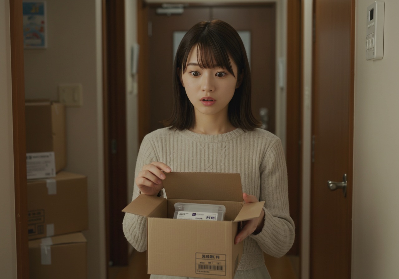 A realistic photo-style image of a young Japanese woman opening a small cardboard box at her apartment entrance. She looks surprised and slightly concerned as she inspects the filter cartridge inside. The setting is a typical Japanese apartment hallway with parcel packaging nearby.