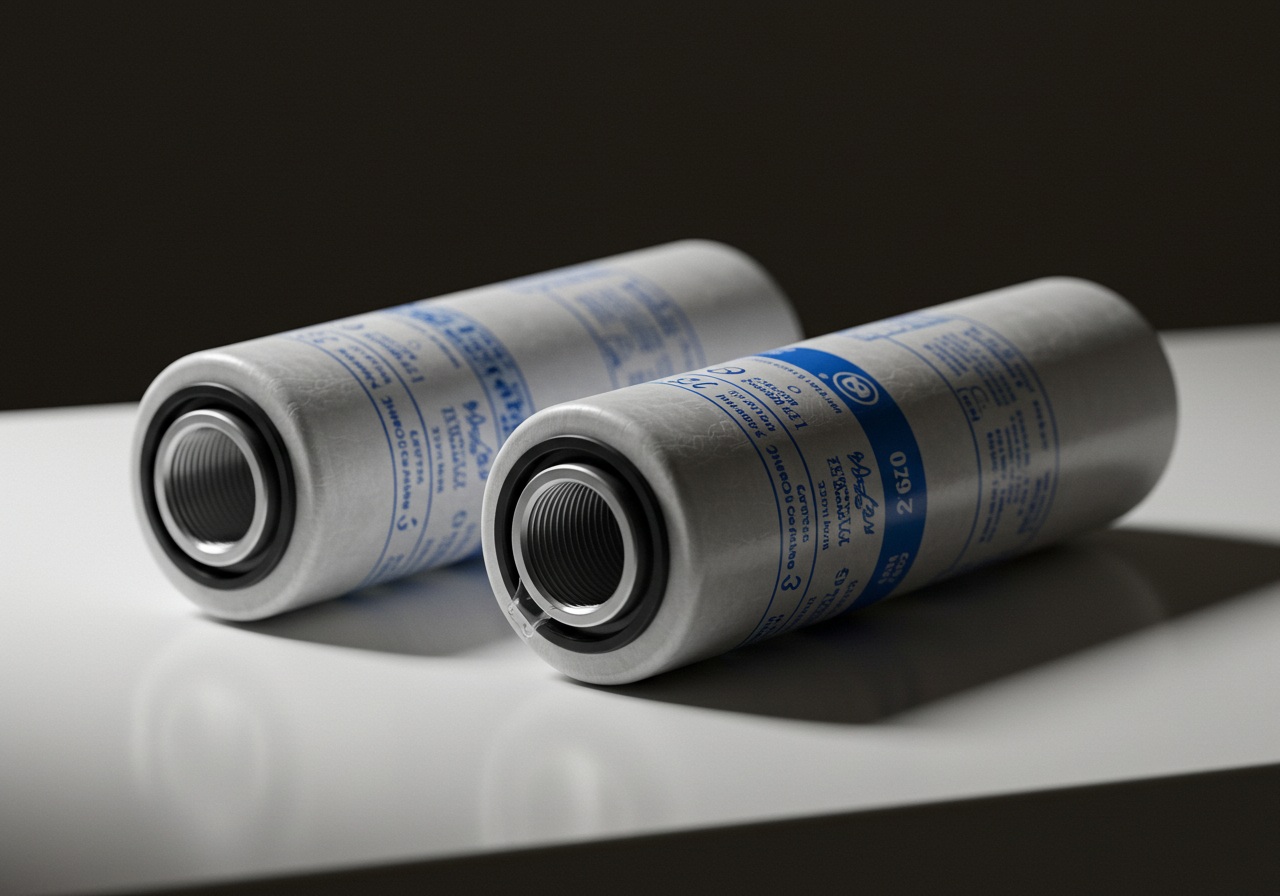 A realistic photo-style close-up of two water filter cartridges on a white table. One cartridge has slightly blurry print and a loose seal, while the other looks sharp and properly sealed. Soft indoor lighting emphasizes the difference in detail and finish.