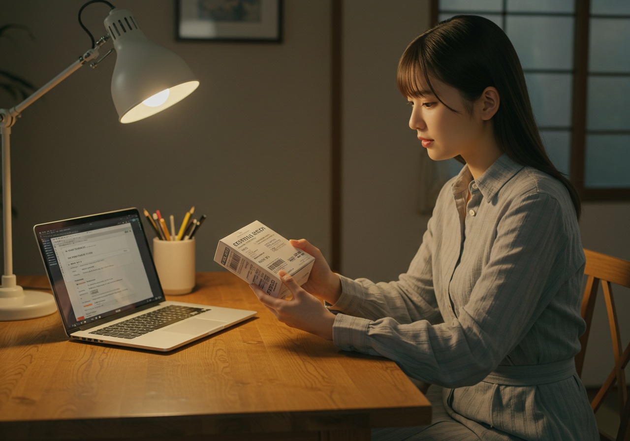 A realistic photo-style image of a young Japanese woman seated at a wooden desk, holding a filter box while checking the serial number printed on it. Her other hand is on a laptop showing a verification screen. The room is softly lit with a calm, neutral background.