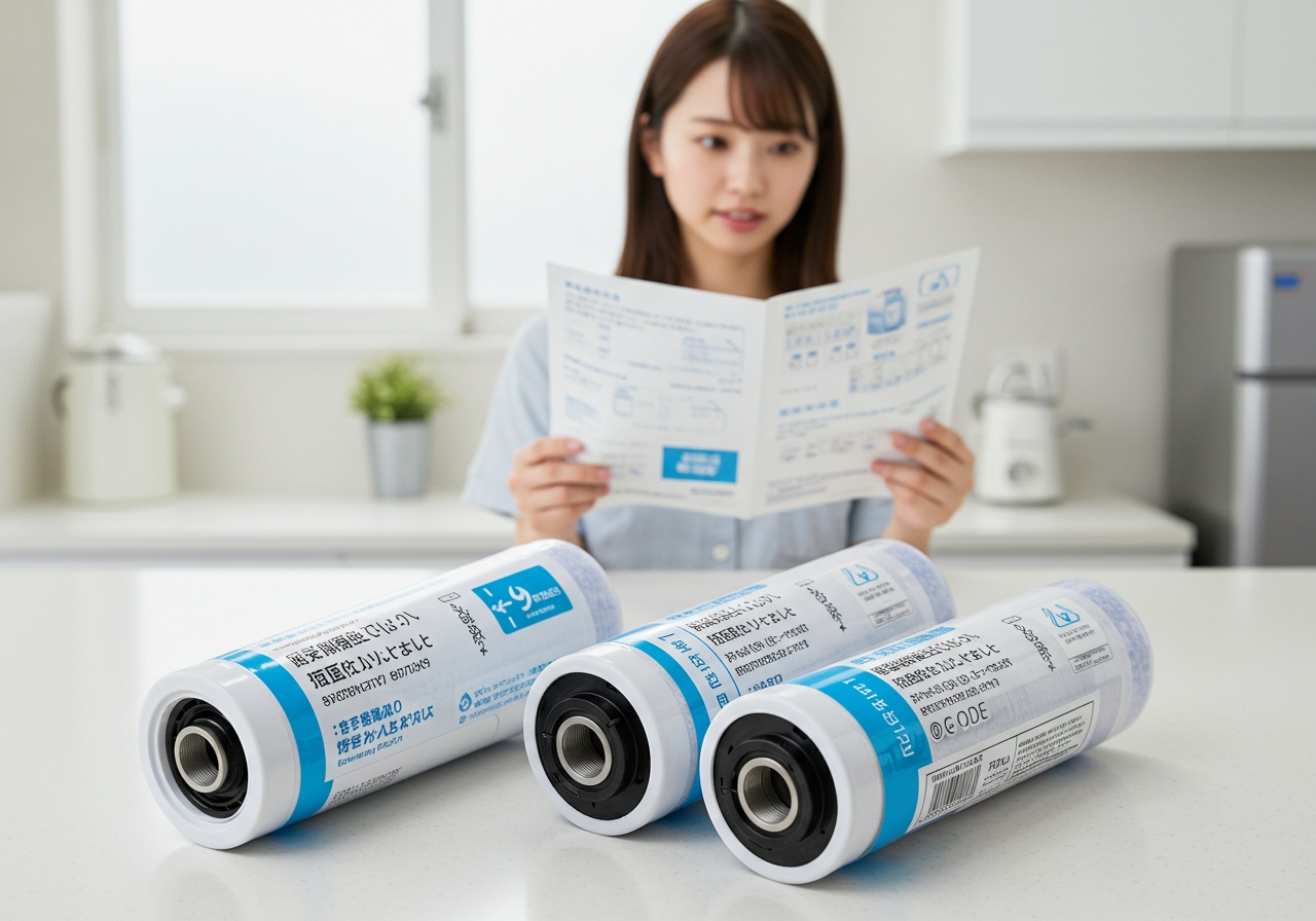 A realistic photo-style image showing two water filter cartridges on a clean counter, one labeled discreetly with a brand-like design and the other plain. A young Japanese woman in the background looks puzzled as she reads a folded instruction sheet.