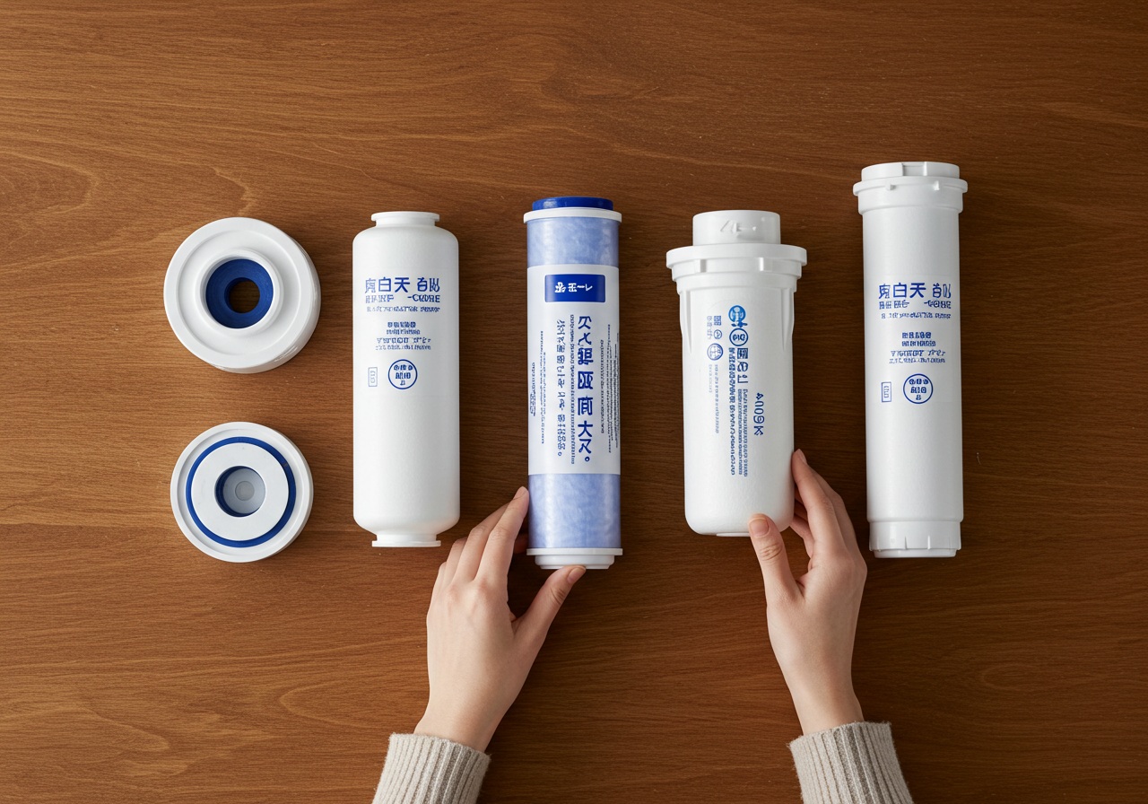 A realistic photo-style top-down view of four different water filter cartridges arranged neatly on a wooden table, each showing clear, distinct designs. A young Japanese woman’s hands are visible, gently rotating one cartridge to examine it.