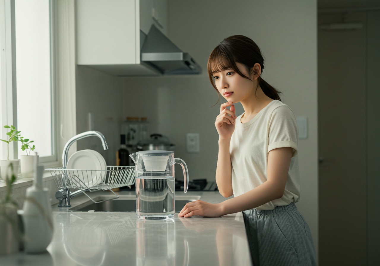 A realistic photo-style image of a modern kitchen. A young Japanese woman in casual homewear stands near a transparent water pitcher on a clean countertop. She looks at the pitcher with a slightly puzzled expression, one hand on her chin as if thinking. The background includes a softly lit sink and dish rack.