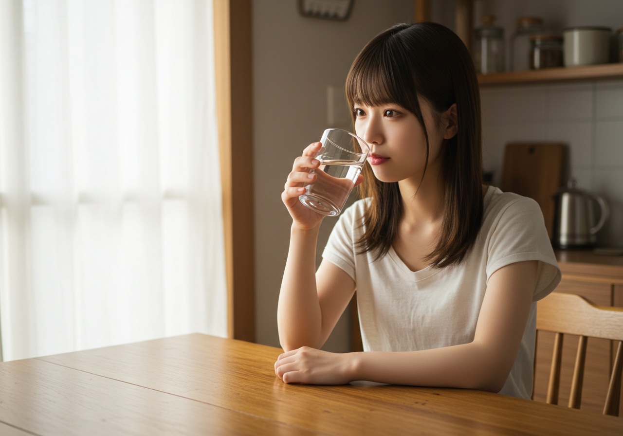 A realistic image of a young Japanese woman sitting at a wooden kitchen table with a glass of water in her hand. She takes a small sip and reacts with a curious, slightly skeptical face, gently tilting the glass. The background shows a minimal, natural-light kitchen interior.