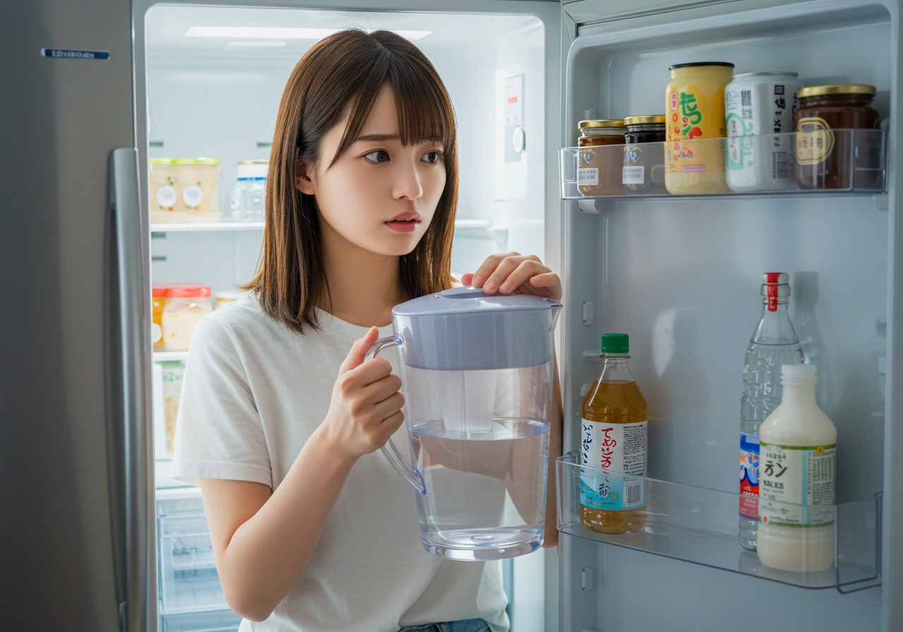 A photo-style image of a young Japanese woman standing beside an open refrigerator, holding a water pitcher with a concerned look. Her other hand is adjusting the lid of the pitcher. The fridge interior is softly lit and clean, with visible organization but no labels or brand names.