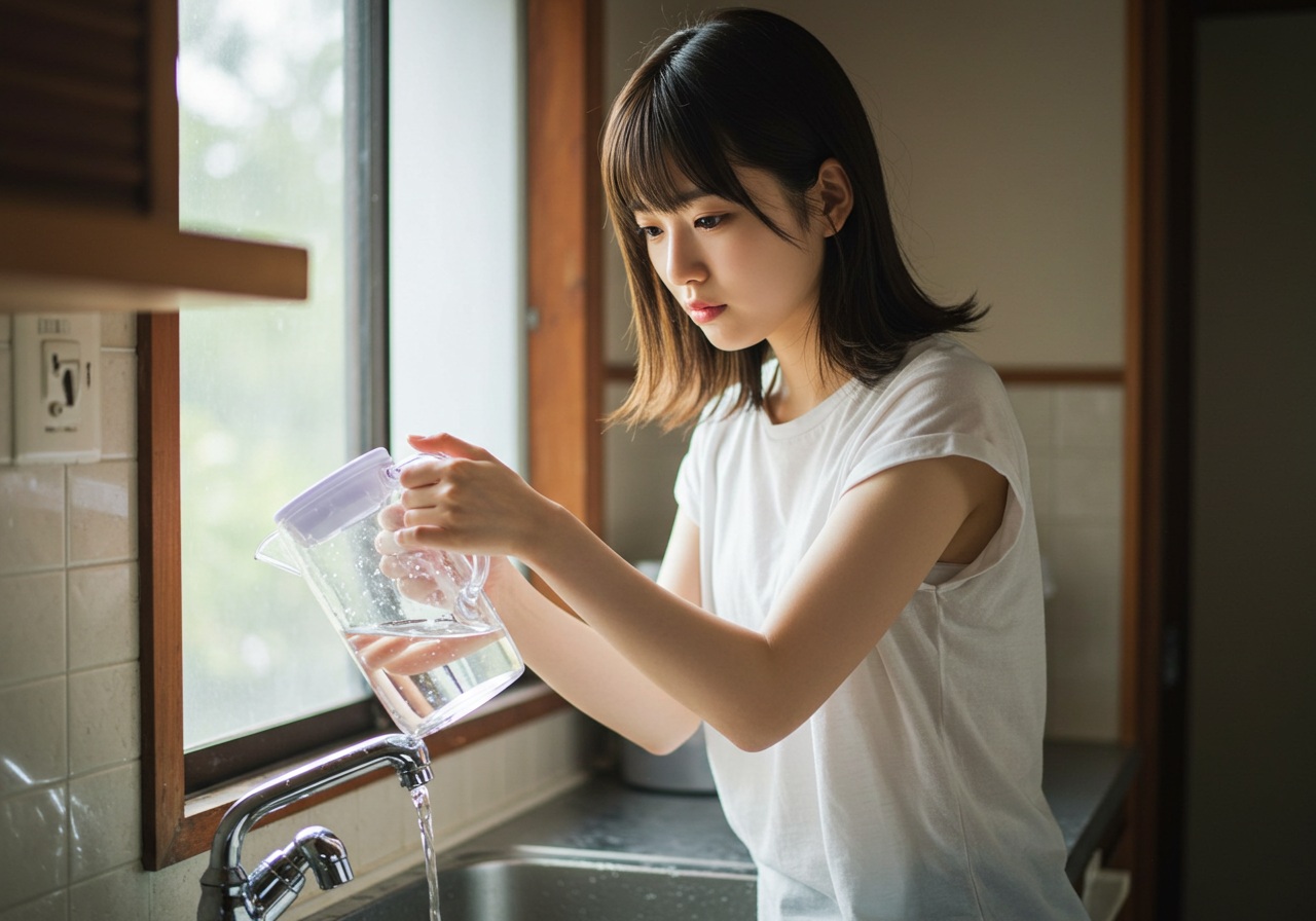 A photo-realistic image of a young Japanese woman at a small kitchen sink, holding a water pitcher with both hands and looking at it with a slightly disappointed expression. Natural morning light enters through a window behind her. The atmosphere is quiet and reflective.