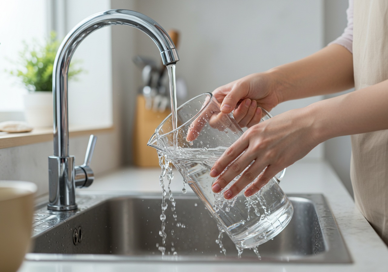 A clean, close-up image of a person’s hands (young Japanese woman) washing a clear water pitcher under warm running water in a tidy sink. The focus is on the pitcher and water flow, with soft background blur showing a clean kitchen counter.