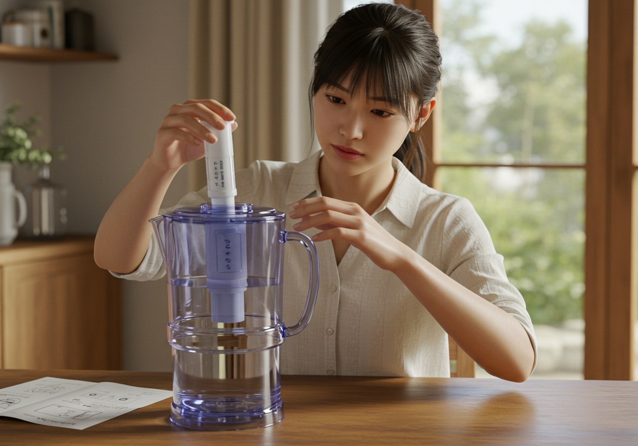 A realistic image showing a young Japanese woman gently replacing the cartridge of a transparent water pitcher on a table. Her expression is focused, and she follows an instruction manual placed nearby. Natural light illuminates the scene from the side.