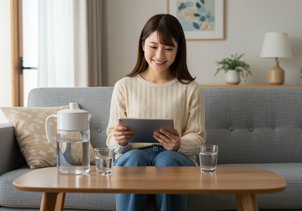 A realistic image of a young Japanese woman sitting on a sofa with a tablet in hand, smiling gently as she reads. A clean water pitcher is placed on a nearby low table with a glass of water next to it. The setting is a softly lit, relaxed living room.