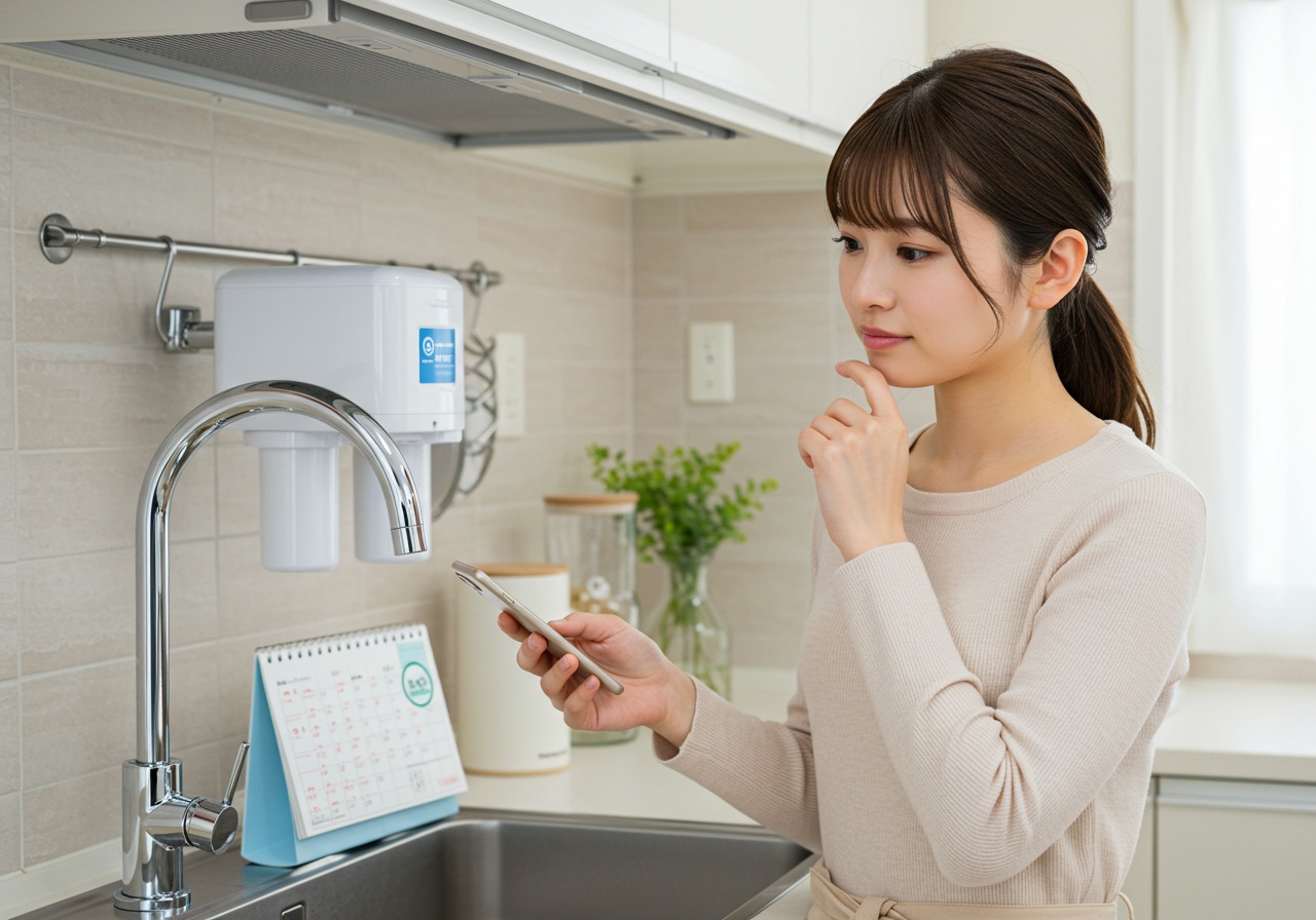 A realistic photo-style image of a young Japanese woman in her kitchen, looking thoughtfully at a faucet-mounted water purifier. She holds a calendar or smartphone reminder in one hand, appearing to check the scheduled replacement date. The kitchen is clean and modern, and the atmosphere is bright and casual.