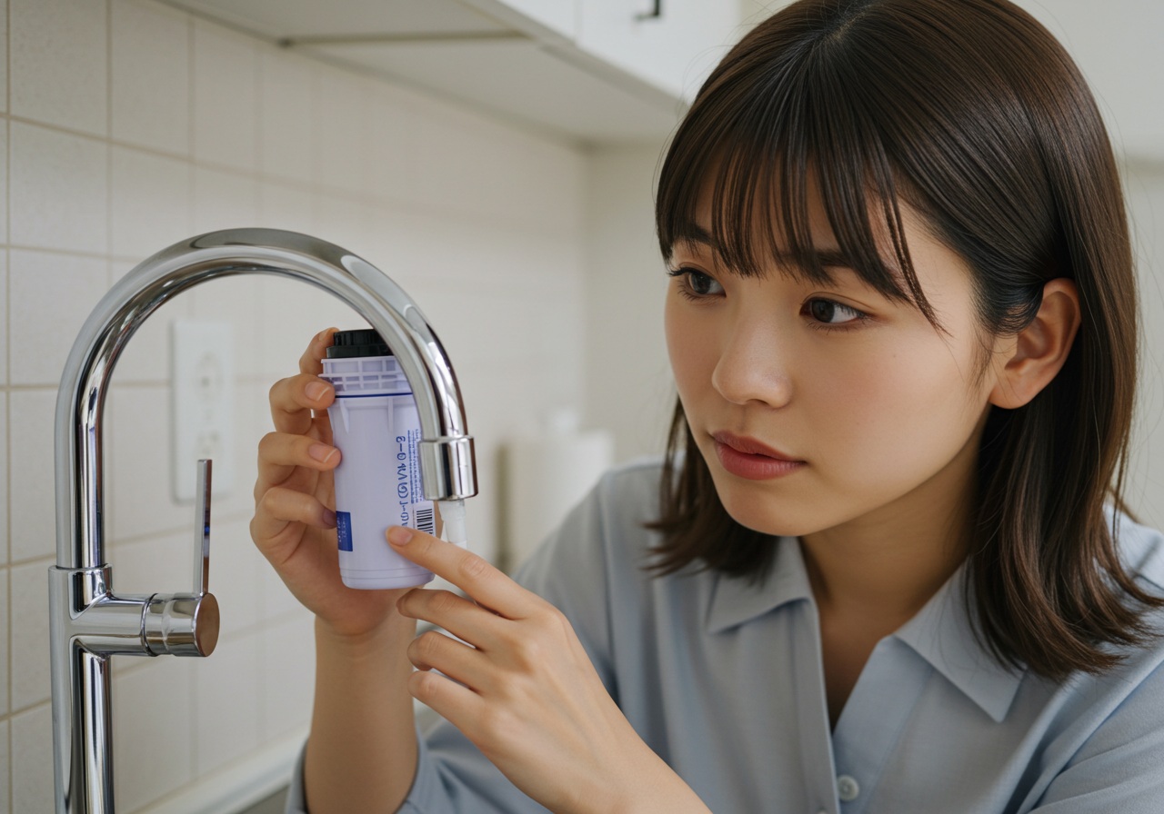 A close-up realistic image of a young Japanese woman in her 20s checking a faucet-mounted water purifier. Her expression is focused as she leans forward slightly, examining the filter cartridge area with her hand resting gently near the unit. The kitchen background is softly lit and uncluttered.